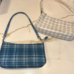 blue and white checker bags